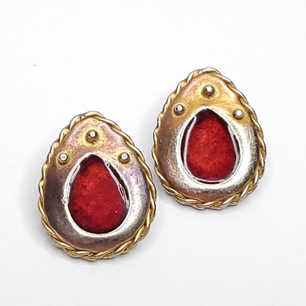 MWS Southwestern Earrings Clip On Red Enamel Silver Gold Tone 1"
